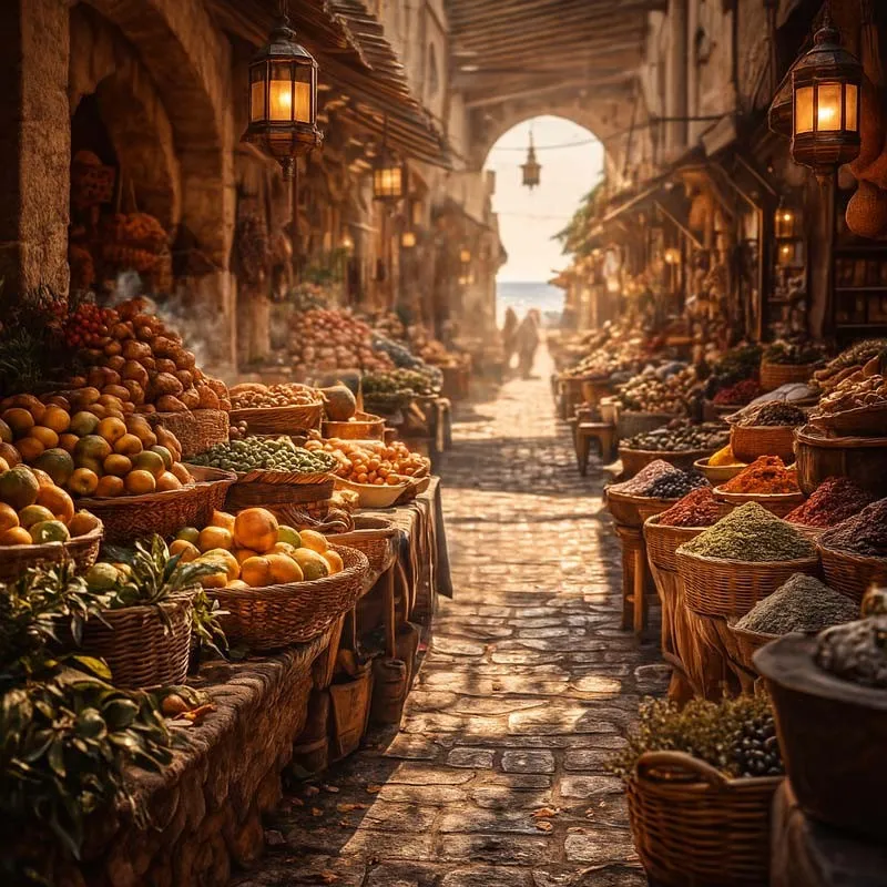 Marché marocain aux épices illustrant la bougie parfumée Souk d’Essaouira