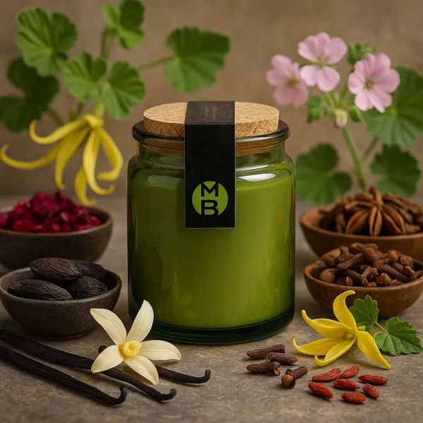 Bougie parfumée Santal Maharani avec les éléments de la pyramide olfactive