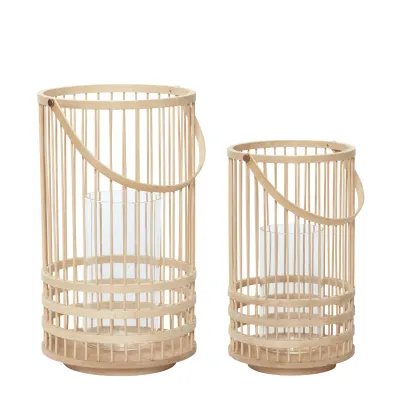 Lot de 2 lanternes en bambou naturel avec cylindre en verre – grand et petit modèle