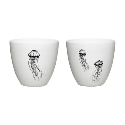 Vue avant de deux photophores en porcelaine avec impression méduse.