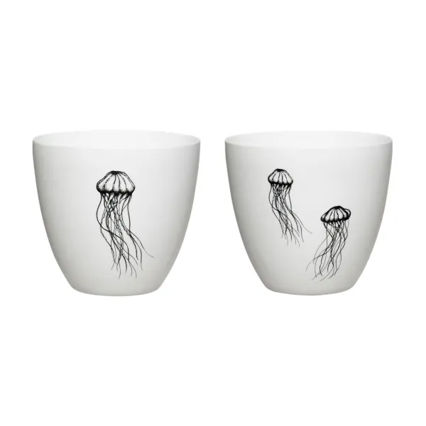 Vue avant de deux photophores en porcelaine avec impression méduse.